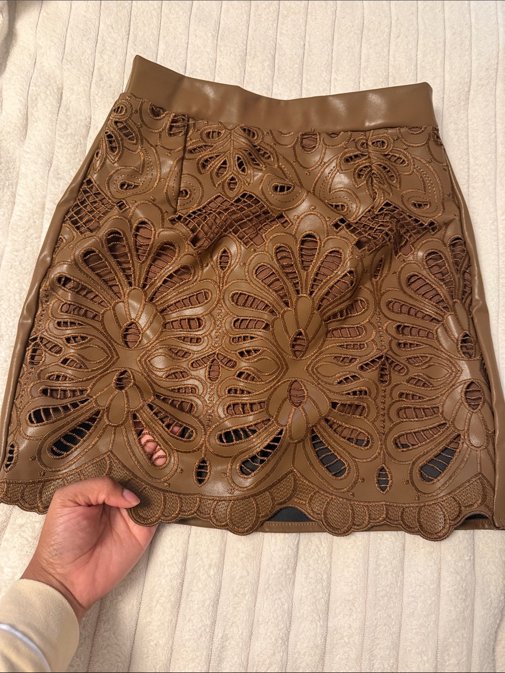 Brown Laser-Cut Faux Leather Mini Skirt